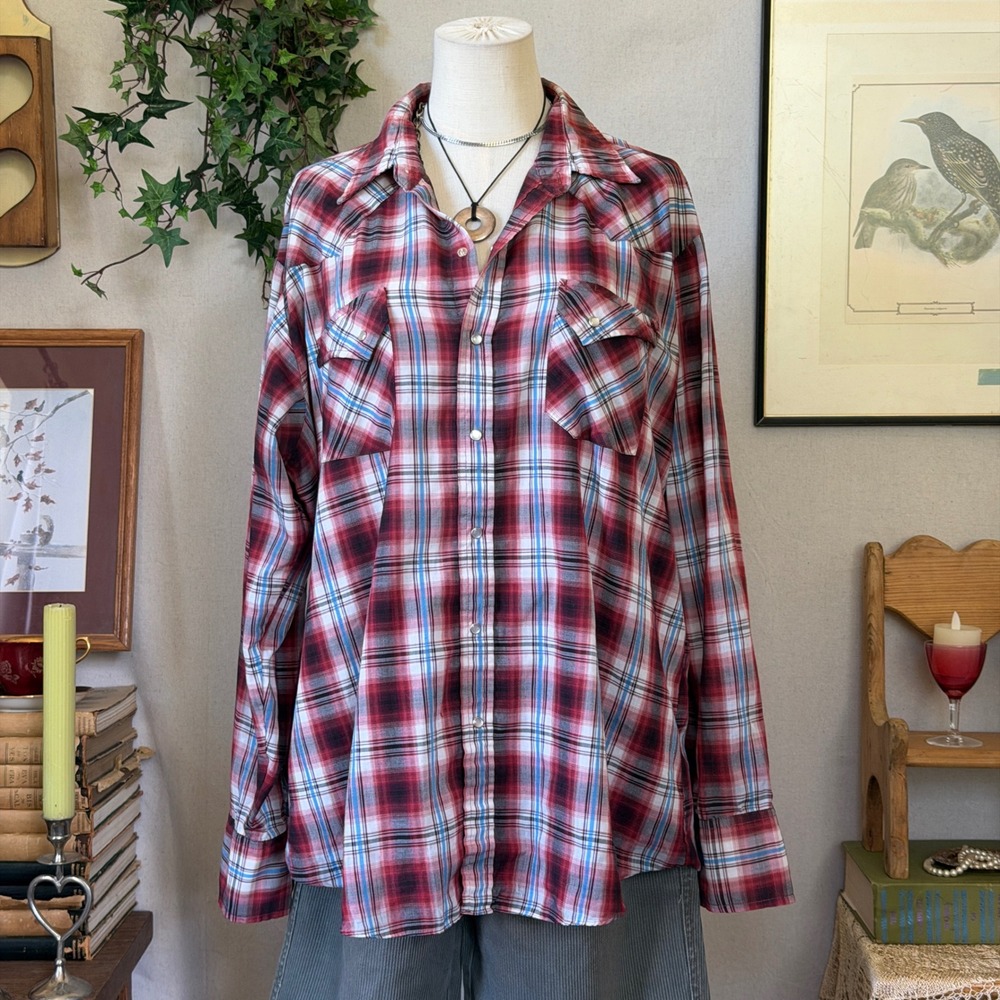 Red Plaid Pearl Snap Shirt Western Cowboy Vintage XL Oversized Indie Grunge
